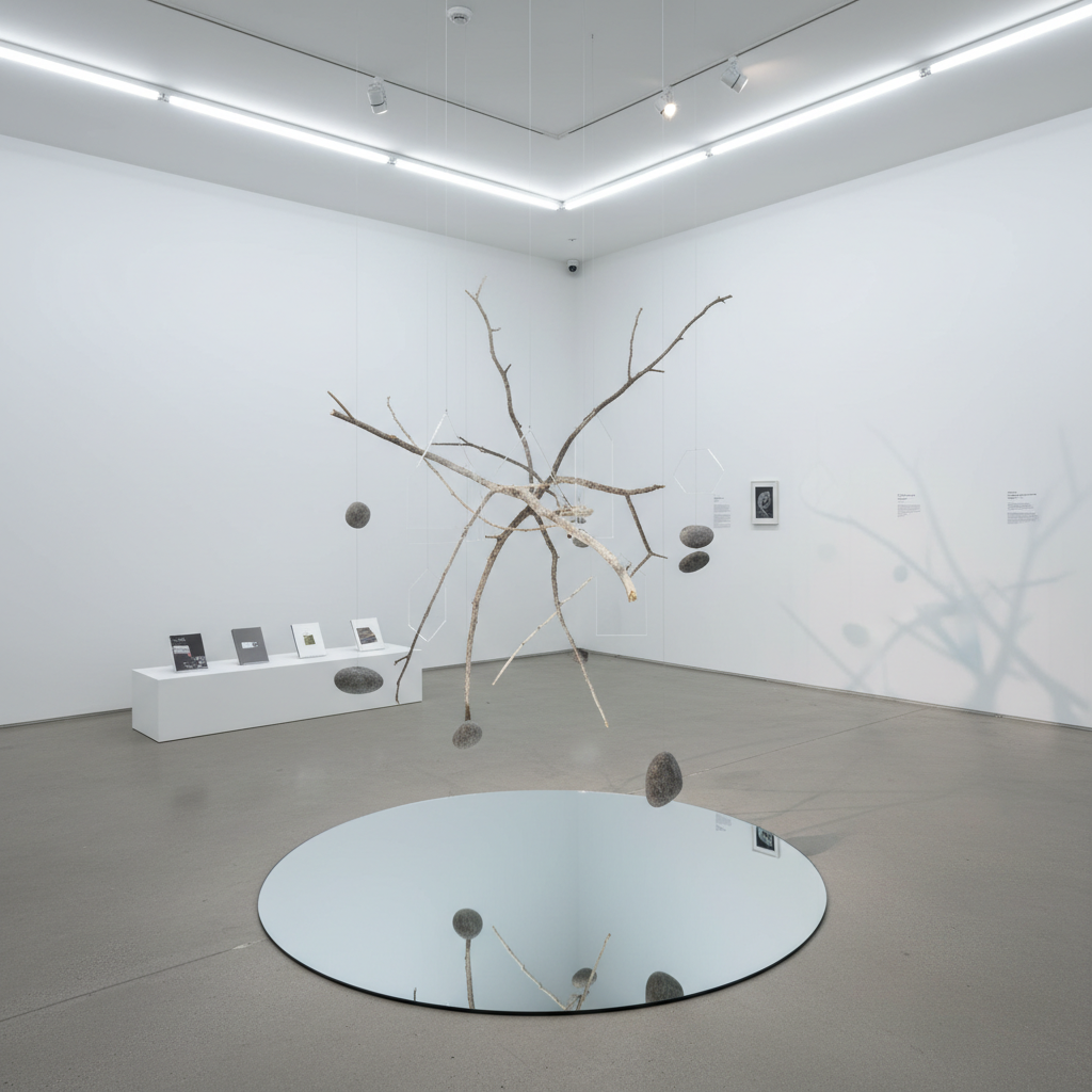 Inside a minimalist white-cube gallery, a sophisticated interdisciplinary installation occupies the center: suspended fragments of branches, stones, and translucent acrylic shapes hang from nearly invisible wires above a circular mirror on the floor that reflects the ceiling’s track lights. Discreet wall texts and small booklets rest on a low plinth in the background, slightly out of focus. Cool, controlled gallery lighting casts precise, delicate shadows on the walls and floor. Photographic realism, captured from a three-quarter angle with the installation framed by clean negative space, creates an atmosphere that is cerebral yet poetic, echoing themes of curation, writing, and the dialogue between natural territories and conceptual spaces, with no people visible.