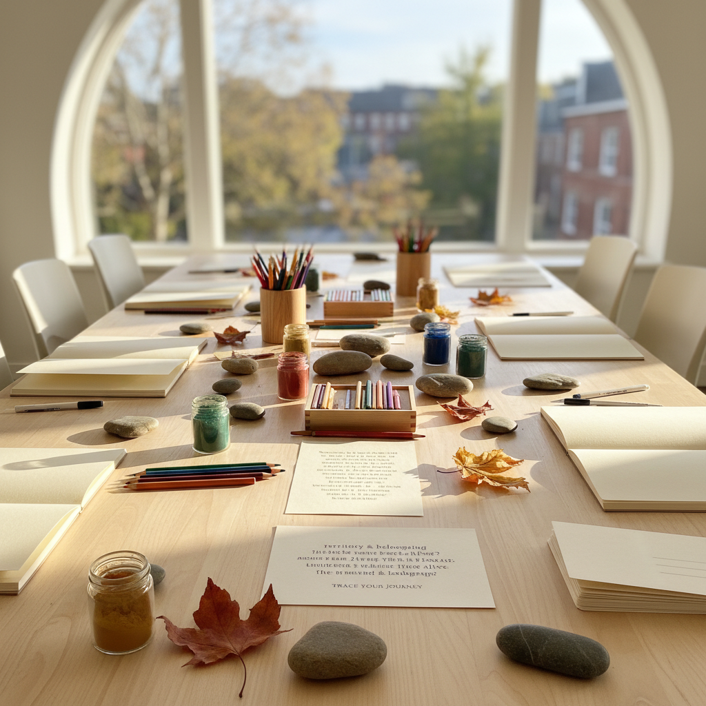 A refined, inviting workshop setting in a bright community art space: a long, pale wooden table neatly prepared with open sketchbooks, blank postcards, colored pencils, natural pigments, small stones, dried leaves, and printed prompts about territory and memory. In the background, large windows reveal a soft-focus urban treeline. Late afternoon light pours in, warm and golden, creating elongated shadows and gentle highlights on paper and objects. Photographic realism from a slightly overhead perspective allows viewers to read some poetic fragments while maintaining an uncluttered, sophisticated composition. The mood is welcoming and reflective, evoking community-based art practices and shared journeys, without showing any participants or people, just the eloquent traces of a workshop about presence and intuition.